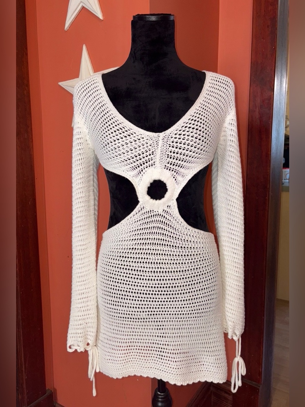 LILLUSORY White Crochet Cutout Mini Dress with Long Sleeves